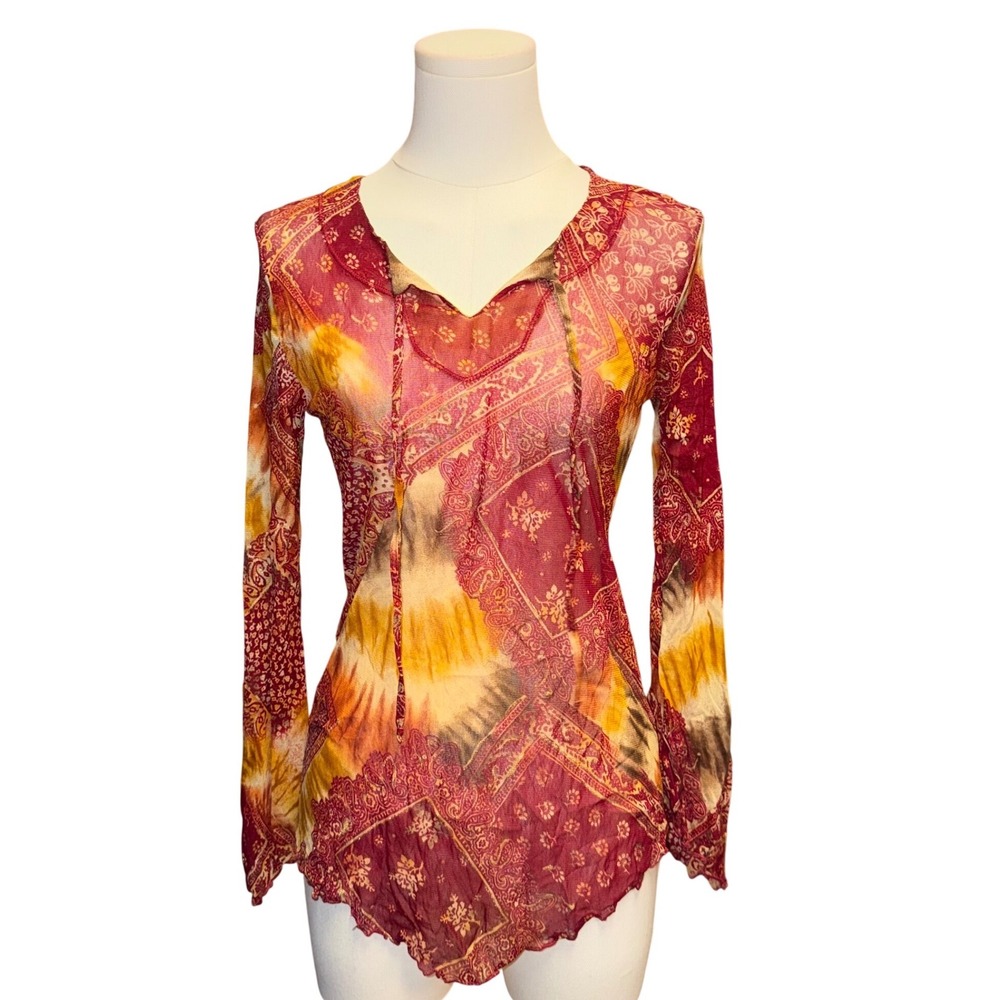 Yessica Mesh Top Womens Small Red Orange Paisley Tie Dye Excellent Y2K Boho